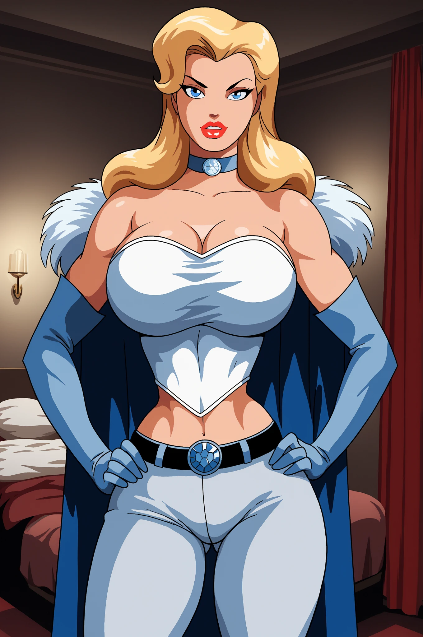 PonyXLV6_Scores BREAK (1980s (style), retro artstyle, perfect anatomy, perfect eyes, cowboy shot), BREAK source_cartoon, score_9, score_8_up, score_7_up, score_6_up, ((zPDXL2)), (perfect anatomy) BREAK emma frost, long hair, blonde hair, blue eyes, solo, raised eyebrow, flirting, ((looking at viewer)), lipstick, makeup, choker, bare shoulders, midriff, cape, elbow gloves, belt, pants, heels, huge breasts, plump ass, curvy, toned, athletic, thigh gap, standing, hands on hip, in bedroom, indoors