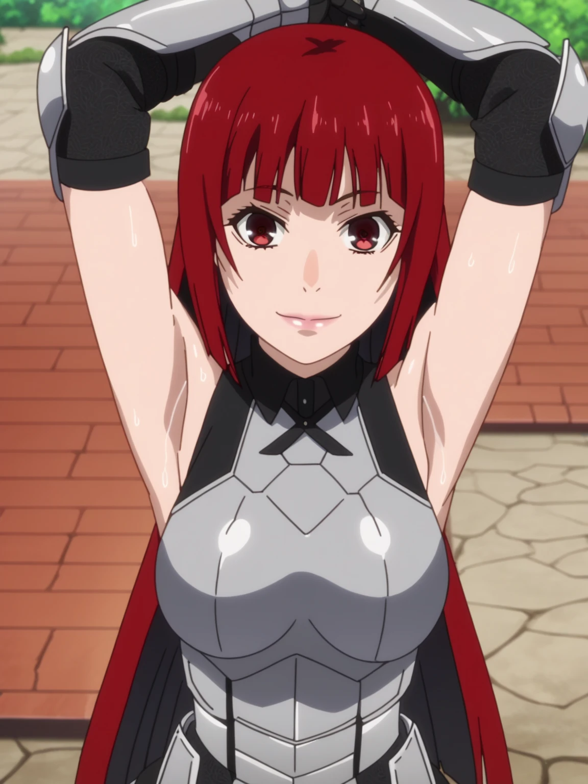 score_9, score_8_up, score_7_up, source_anime, anime screencap, 1girl, solo, jabami yumeko, red_eyes, black_hair, long_hair, large_breasts, armor, breastplate, gauntlets, armored_dress, sleeveless, arms up, raised arms, armpits, looking at viewer, smile, closed mouth, outdoors, forest, from above, badhandv4, sweaty armpits