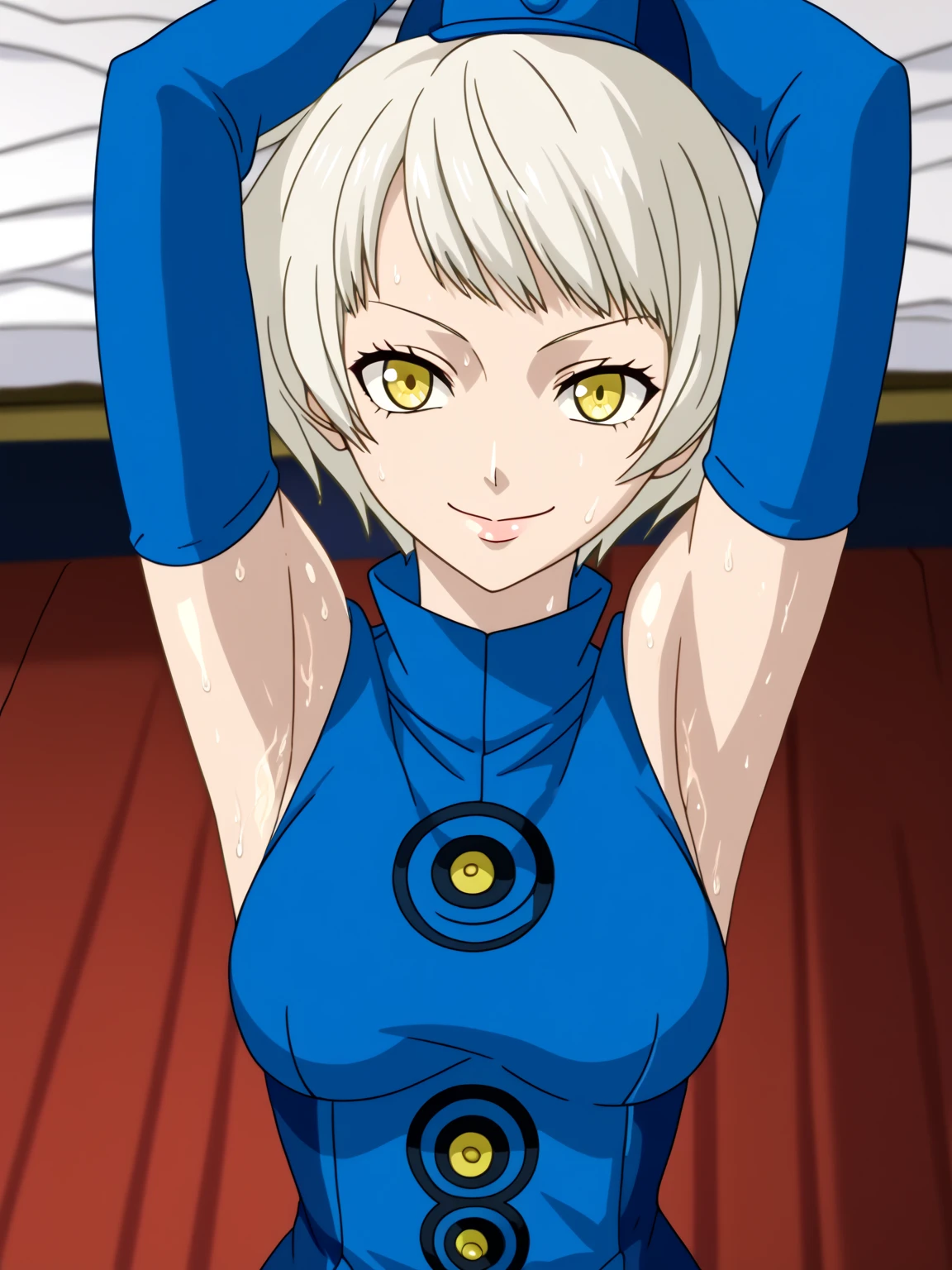 score_9, score_8_up, score_7_up, source_anime, anime screencap, 1girl, solo, elizabeth from persona 3, blue hat, yellow eyes, short hair, white hair, detached sleeves, shirt, blue shirt, turtleneck shirt, arms up, raised arms, armpits, medium breasts, from above, looking at viewer, head towards viewer, smile, closed mouth, badhandv4, indoors, on stage, sweaty armpits, sweating