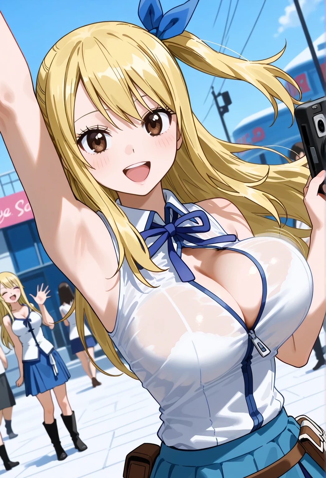   ultra-realistic pictures  、  RAW photo 、  realism、  3d rendering、 Unity Engine , BREAK  Lucy Heartfilia holding a gold key,   Lucy Heartfilia holding a gold key,Alone  ,  Blonde ,   brown eyes ,   long hair,  One side up, ribbon, hair ribbon, blue ribbon,   skirt,   shirt,Bare Skin,(Big Breasts:0.7) ,  boots,   sleeveless, blue   skirt,   sleeveless   shirt, white   shirt, zipper,bouncing breasts:1.2,hopeful, laughing, waving at the camera,fashion model posing,Viewers,   bust up, Alone,   Dutch Angle ,Hanging breasts、  cleavage、 Upper Body Closeup 、see-through shirt:1.3,