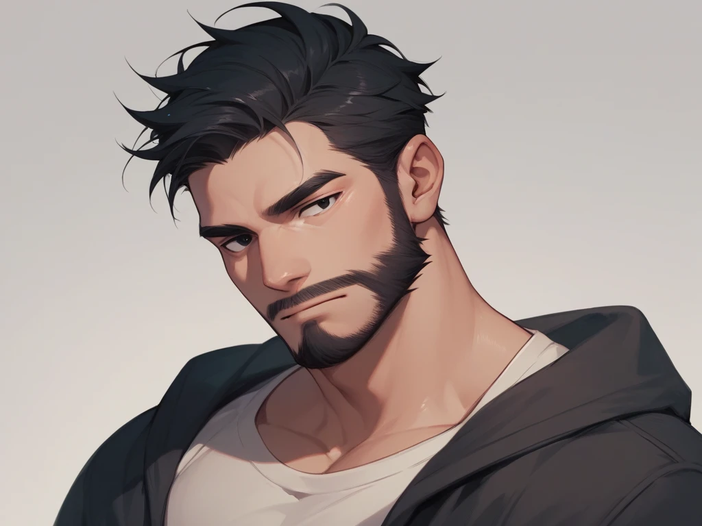 masterpiece,high quality,1 male,black hair,black eyes,beard