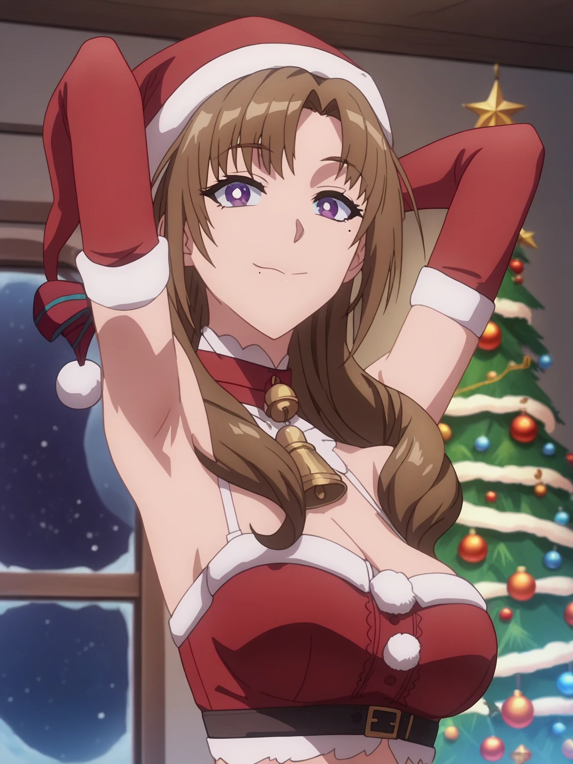 score_9, score_8_up, score_7_up, source_anime, anime screencap, 1girl, solo, mamako oosuki, long hair, purple eyes, cream hair, mole, mole under mouth, parted bangs, Santa costume, Santa hat, red tube top, red elbow gloves, long gloves, red collar with a bell, bare shoulders, BREAK, arm behind head, armpit, looking at viewer, head towards viewer, smile, indoors, closed mouth, midriff, from side, from below, Christmas tree 