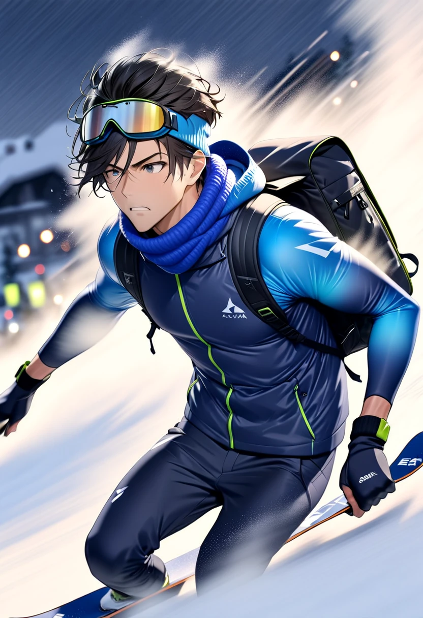 Handsome young man with dark hair "Asuka" , Ski sprint through a severe blizzard , serious face , Goggles, ear warmers and neck warmers  , dark blue-toned snowboard wear with blue pole stock and Uber Eats backpack on the back , Snow powder fog spreading up (( motion blur :3.5 , Fog filter effect:5.5 , Blurred Background))