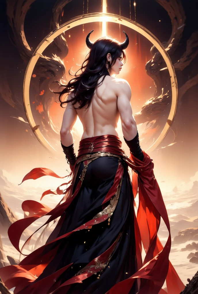 Handsome guy wearing a very long black hair Hongte dress, realistic portrait, standing facing away, showing off his back, naked, wearing a vintage Chinese dress 2. 5d antique Chinese dress, beautiful black eyes, bright water color, background is very large snake, with a graceful golden horn on the back of a sacred big one.