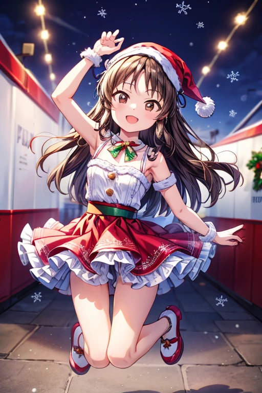 Masterpiece　 top quality　　Racing bloomer with beautiful front legs 　Beautiful upper body　Beautiful lower body　 well-balanced body 　Two perfect legs　 Perfect Five Fingers　 Christmas Live 　Idol　from front　kaori sakuramori full body looking up arm up  jumping happysmile ステージ　 Spotlight 　illumination　　 christmas costume　 skirt　braid hair, long hair　Santa Girl　Red and white dress　
Merry Christmas　Merry Christmas sign