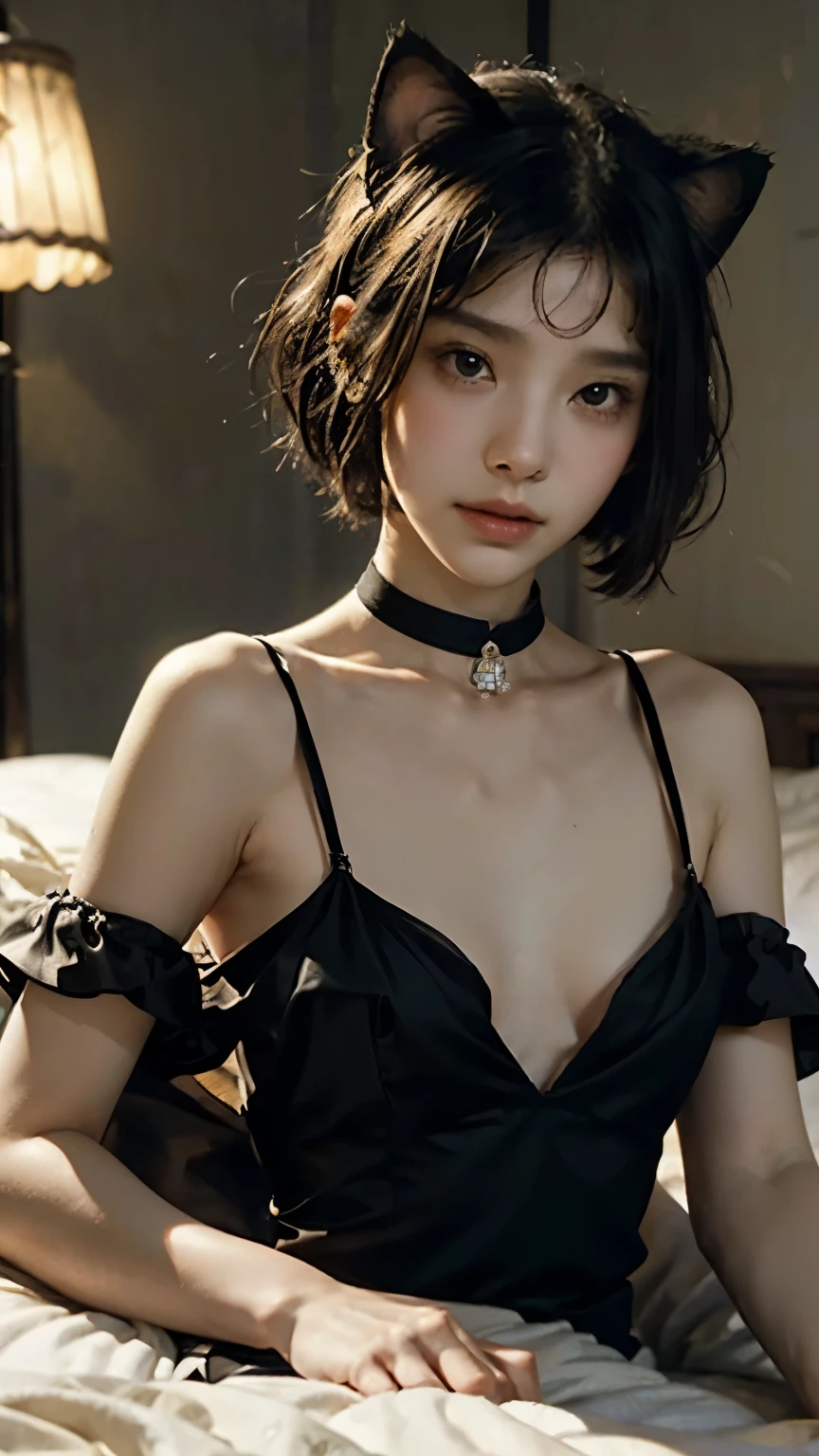 ( top quality, masterpiece, high definition )、4K Anime Art、( one woman、20 years old)、whole body、 ( depicts cute faces in detail)、 black hair、 short hair、 semi-long、 bob cut、Hair Bun、 hair ornaments、(Cat ears)、 Black Cat Costume 、 White cat costume 、 Choker、(sheer chiffon lingerie)、 sexy mini dress、 beautiful and attractive 、 embarrassed face、Expressions of joy、small breasts、( lying down on the bed :1.2)、( Sensual World)、( soft focus )、(Bokeh:1.2)、Cinematic Light、Soft light、(indoor、dim、lamp)、(simple background)、((blank background))、( fractal art )、( Alphonse Mucha style)、
