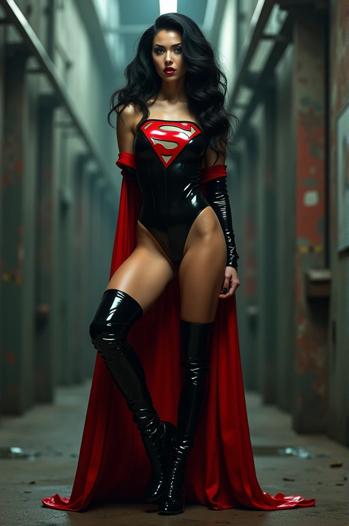 Beautiful curvy Chinese white skin girl, red lips, Red body suit, superman logo, Coat, boots, standing pose at photoshoot, highly detailed, hd, ultra detailed, ray tracing, high resolution, stunning visuals,