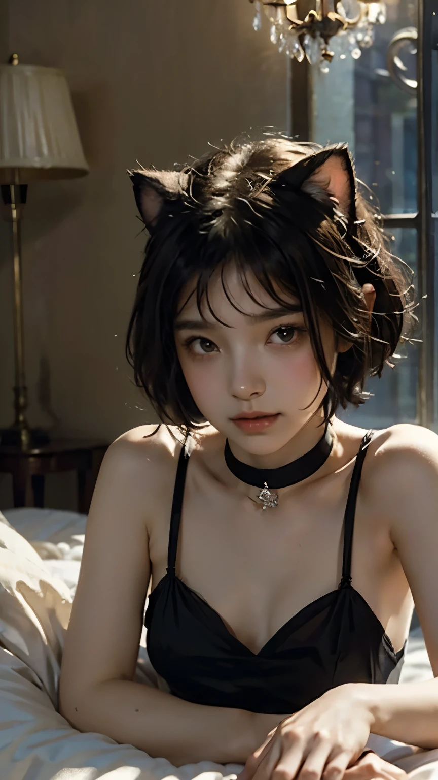 ( top quality, masterpiece, high definition )、4K Anime Art、( one woman、20 years old)、whole body、 ( depicts cute faces in detail)、 black hair、 short hair、 semi-long、 bob cut、Hair Bun、 hair ornaments、(Cat ears)、 Black Cat Costume 、 White cat costume 、 Choker、(sheer chiffon lingerie)、 sexy mini dress、 beautiful and attractive 、 embarrassed face、Expressions of joy、small breasts、( lying down on the bed :1.2)、( Sensual World)、( soft focus )、(Bokeh:1.2)、Cinematic Light、Soft light、(indoor、dim、lamp)、(simple background)、((blank background))、( fractal art )、( Alphonse Mucha style)、