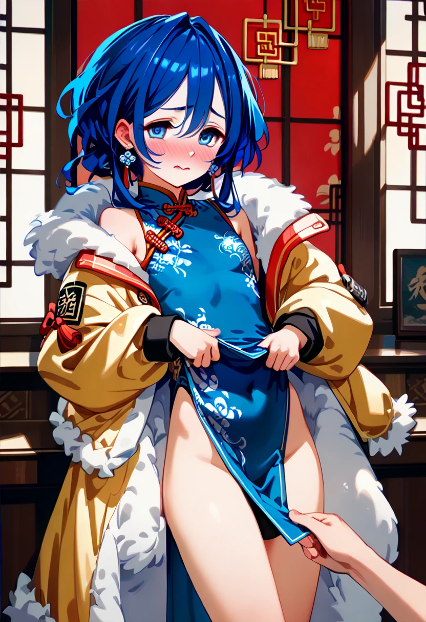 standing, (((lift loincloth , leotard,Chinese dress, ,baggy Down jacket ,in the privateroom,shy,enjoy))) ,Extremely loving sexual acts based on pure love ,happy,very satisfied,ecstasy , Hayami kanade, (((blue_hair)))