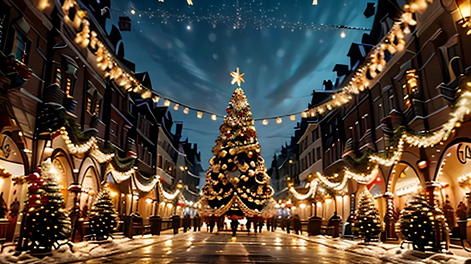 Depict a luxurious holiday scene on a street in Beverly Hills, showcasing grand houses with elegant facades adorned with festive garlands, golden wreaths, and sparkling lights. In the center of the street, place a towering Christmas tree, extravagantly decorated with gold, silver, and crystal ornaments, shimmering ribbons, and radiant fairy lights. The street should be serene and empty, with no vehicles, and subtle snow accents for a magical touch. Warm golden lighting should illuminate the scene, capturing the essence of opulence and festive celebration in every detail