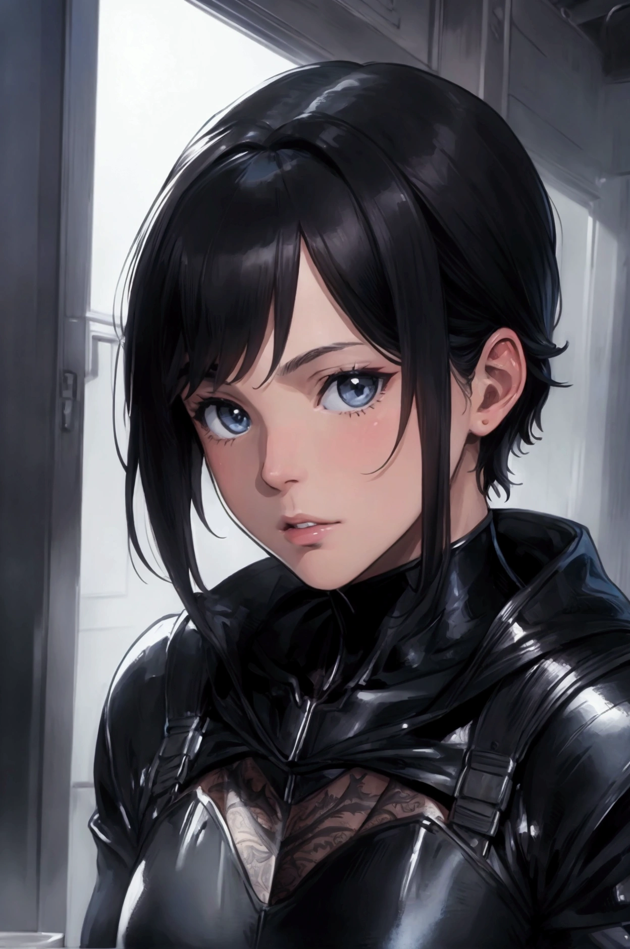 Best Quality,T Masterpiece,Ultimate resolution,18Old female fighter,Slender、Very slim、Small face、cute、(Kneeling pose),Black Super Short Hair,Shiny patent leather tight black combat uniform,Tight Suit,gloves、Steel City Background,night