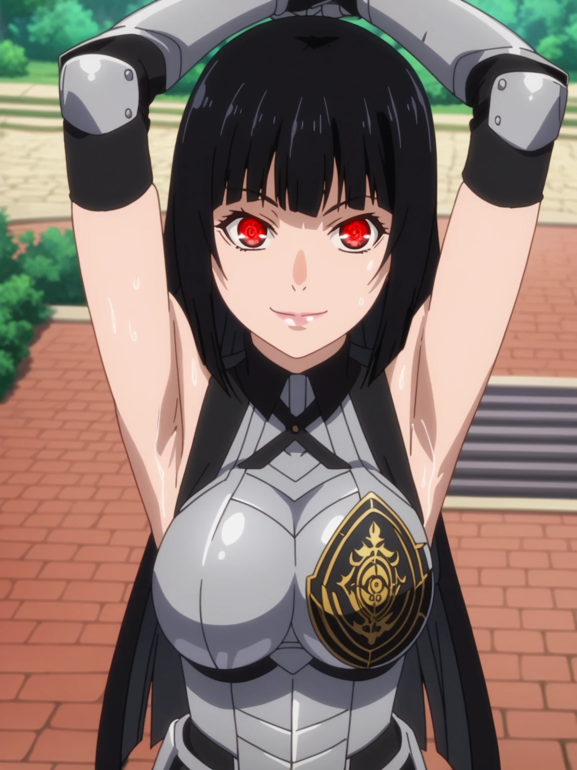 score_9, score_8_up, score_7_up, source_anime, anime screencap, 1girl, solo, jabami yumeko, red eyes, black hair, long hair, large breasts, cleavage, armor, breastplate, gauntlets, armored_dress, sleeveless, arms up, raised arms, armpits, looking at viewer, smile, closed mouth, outdoors, forest, from above, badhandv4, sweaty armpits