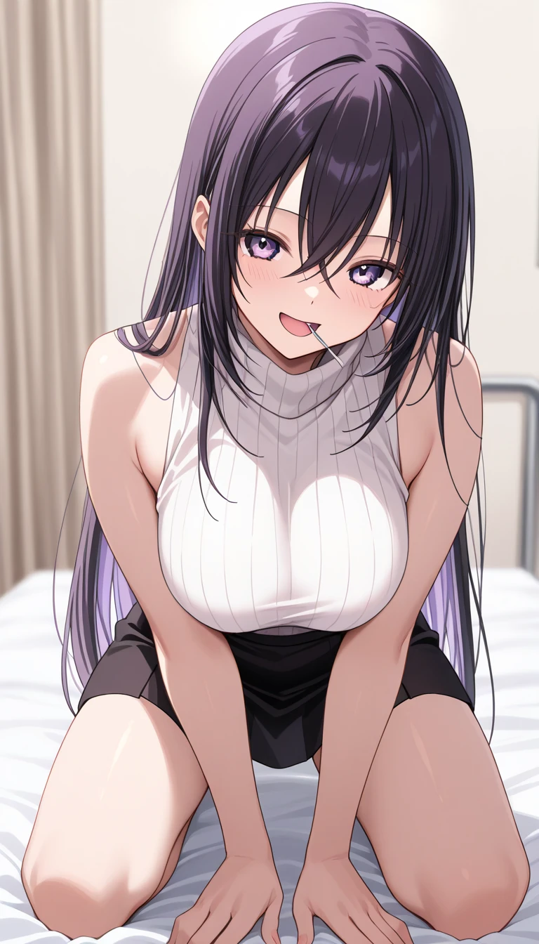  1 girl、solo、Nijoin Tsukasa 、 black hair、Purple Hair、 long hair on background、 hair between eyes、 purple eyes、 white sweater、 sleeveless turtleneck、 Ribbed Sweater 、White、abdomen、 black short skirt 、hospital、Examination room、 lies in bed、 depth of field、masterpiece、 top quality、 very beautiful 、smile、 sexy、 looking at camera、 sharpen your mouth、Chest