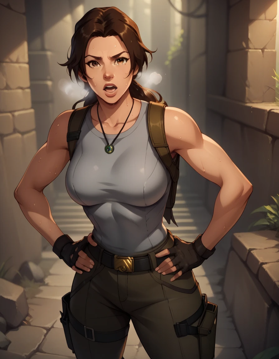 score_9, score_8_up, score_7_up,score_6_up, score_5_up, score_4_up ,
1girl, solo,
large breasts,
LaraDG,
long hair, ponytail, brown hair, brown eyes, 
fingerless gloves, boots, belt, pants, tank top, grey shirt, out of breath, sweaty, hands on hips, open mouth, sexy
looking at viewer, hot
 