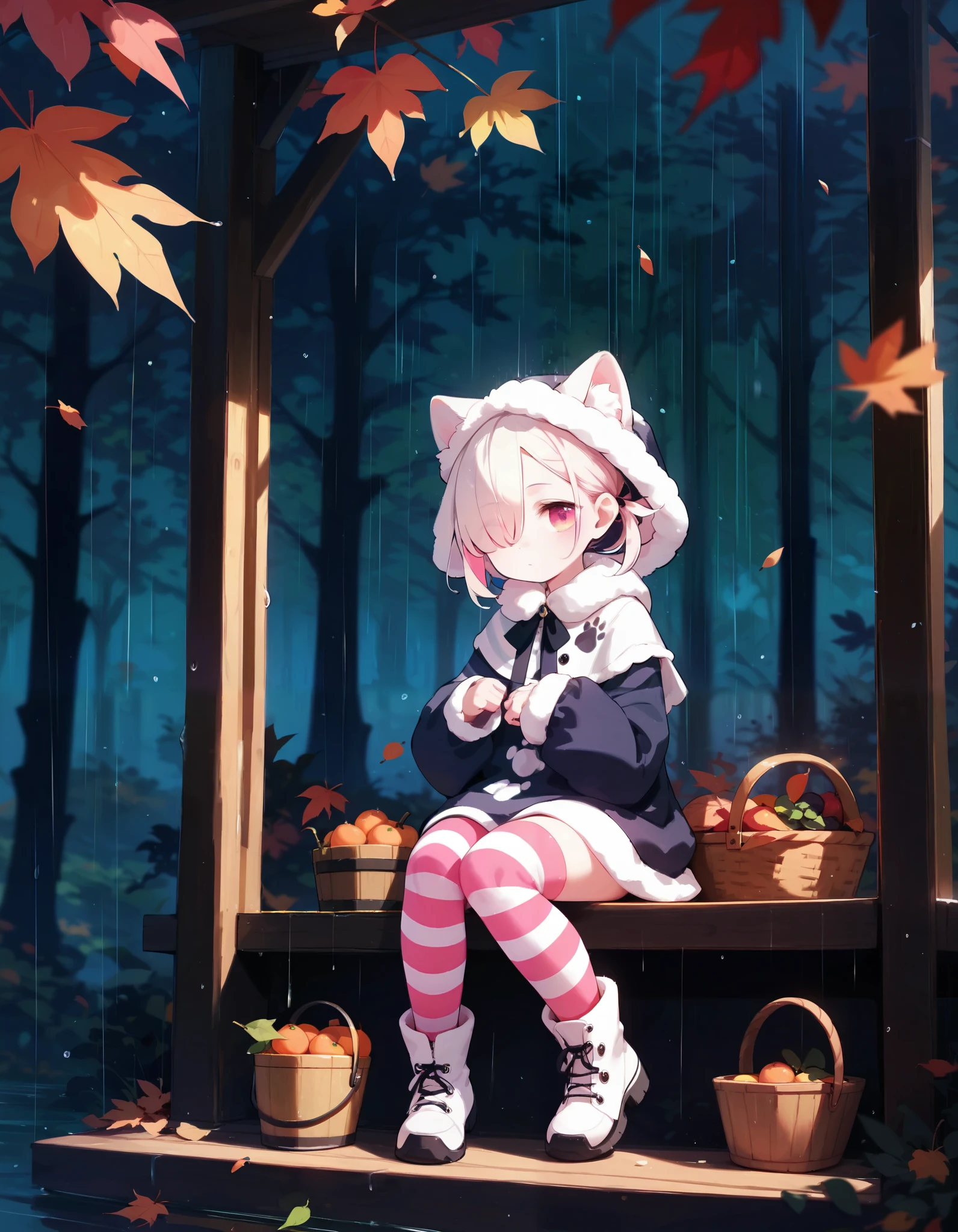 score_9,score_8_up,score_7_up, masterpiece,ultra-detailed CG illustration,top quality, best quality, dark background, 1girl,full body,autumn,autumn leaves,rain,fruit,basket,fur capelet,white fur boots,hands on chest,striped legwear,oversized sweater,wooden bucket,wooden table,railing,fur hood up,short hair,flat bangs,long bangs,hair over one eye,sleeves past wrists,paw print,multicolored clothes,multicolored legwear,asymmetrical legwear, blurry_foreground, shoelaces,hood up,sitting,
