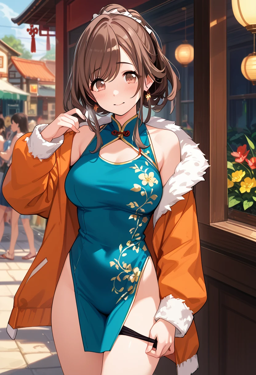 standing, ((( Fluttering loincloth , leotard,Chinese dress, ,baggy Down jacket ,in the privateroom,shy,enjoy))) ,Extremely loving sexual acts based on pure love ,happy,very satisfied,ecstasy ,Tsukioka Kogane, (((brown_hair)))