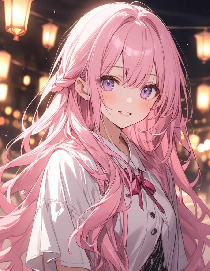 elysia, long pink hair, beautiful face,smiling,close up to hips, moderate breast, sitting on bench, wearing intricate school uniform, (open mouth:0.4),illustration,detailed textures(realists),ultra-detailed,portrait style,vivid colors,soft lighting, blushing, mature, hair fluttering, no bra,