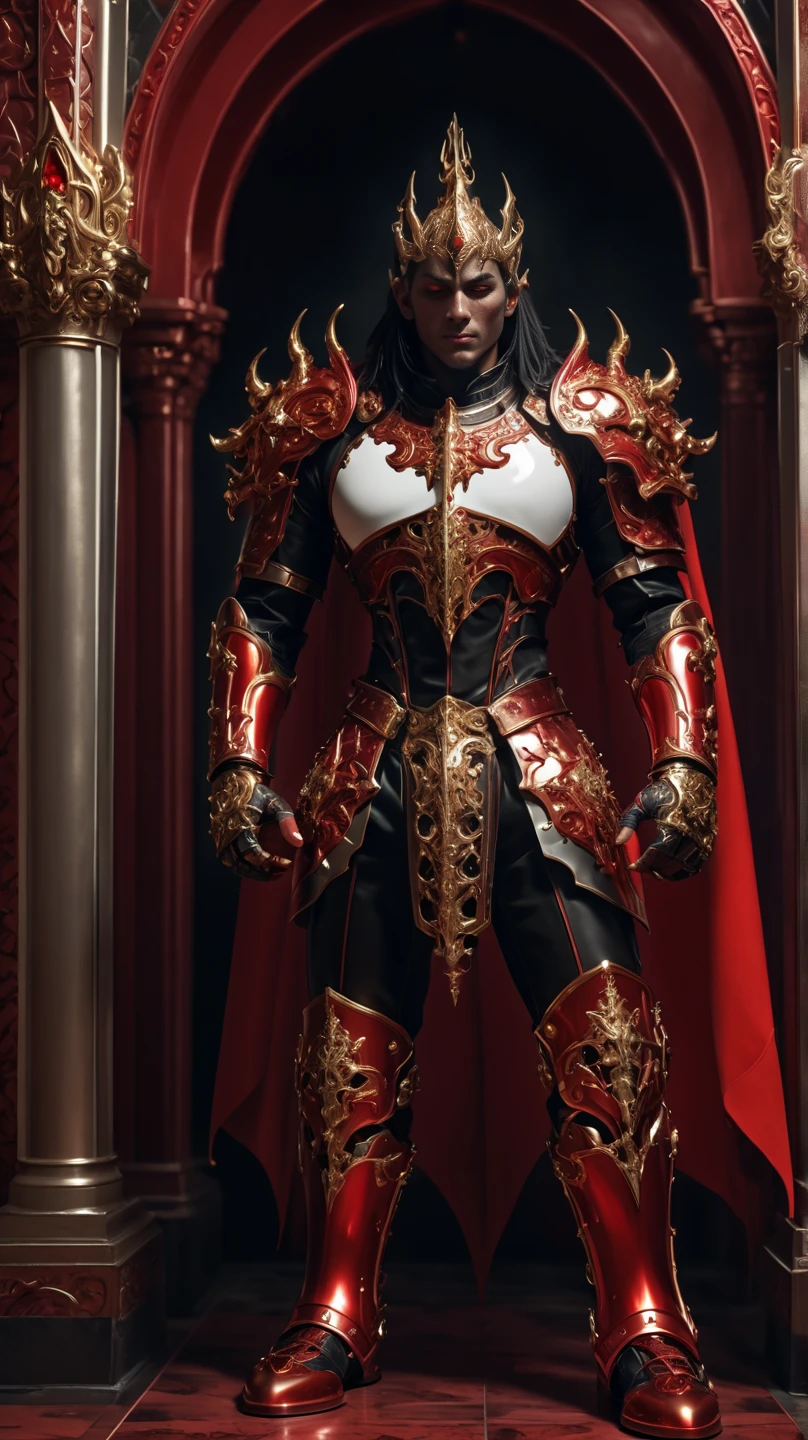  is possessed by a demon, a holy knight commander.A full-body image of an adult male . muscular body .Wear white gold holy knight armor. Eyes Deep Red . standing inside a mysterious black and red church.Bold composition 