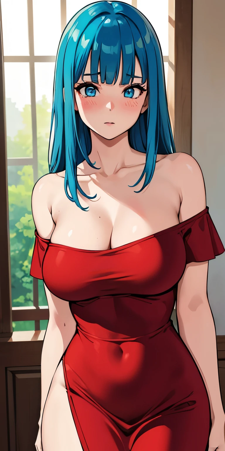 1 Female,High definition,high resolution,Ultra-realistic,8K, 1girl,maron,(red short dress), bare shoulder,(blue eyes,aqua hair,blunt bangs),off shoulder, large breasts,European,sexy,Upper body close-up,Photographed from the front,Dynamic Angles,(blush), (medium tits) 