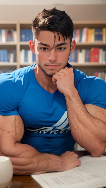  Very muscular college boy , manly, sexy, wearing a blue t-shirt attached to her body ,  flexing her biceps with her hands above her head, sitting at a table ,  he observes the camera that focuses on him from below ,  inside a library 