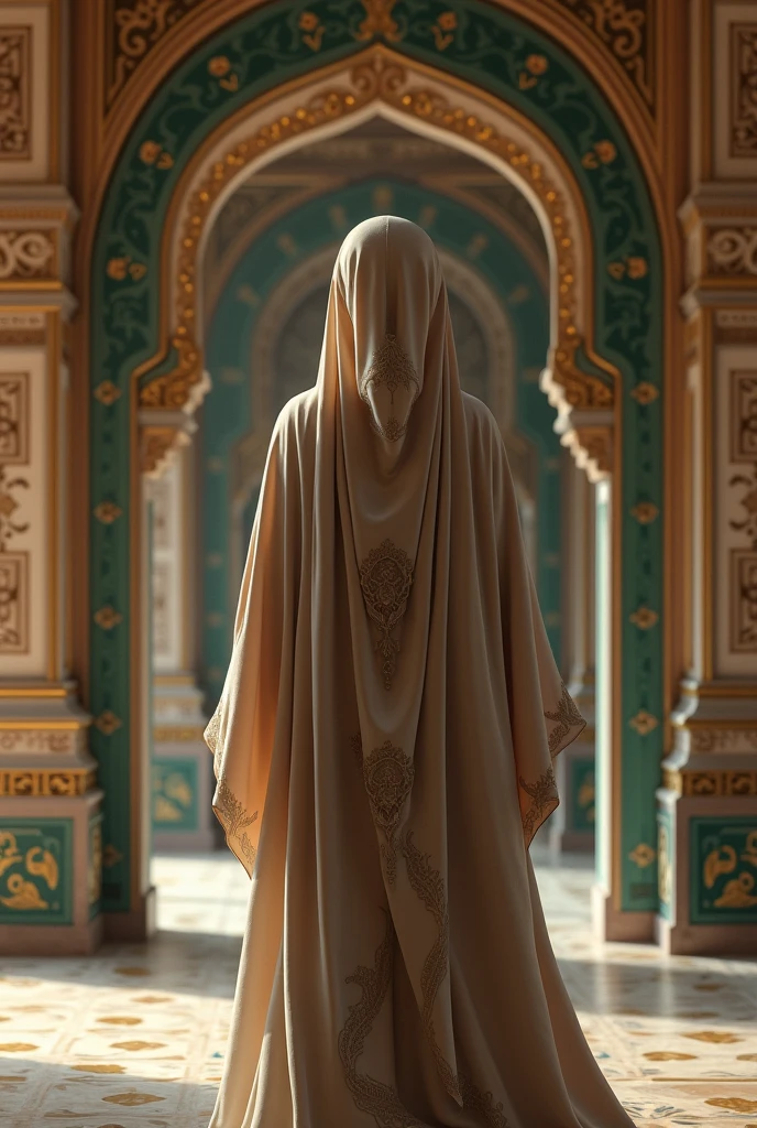Man in beige robe in front of the gate of the palace of the king of Persia add vibrant color to the gate