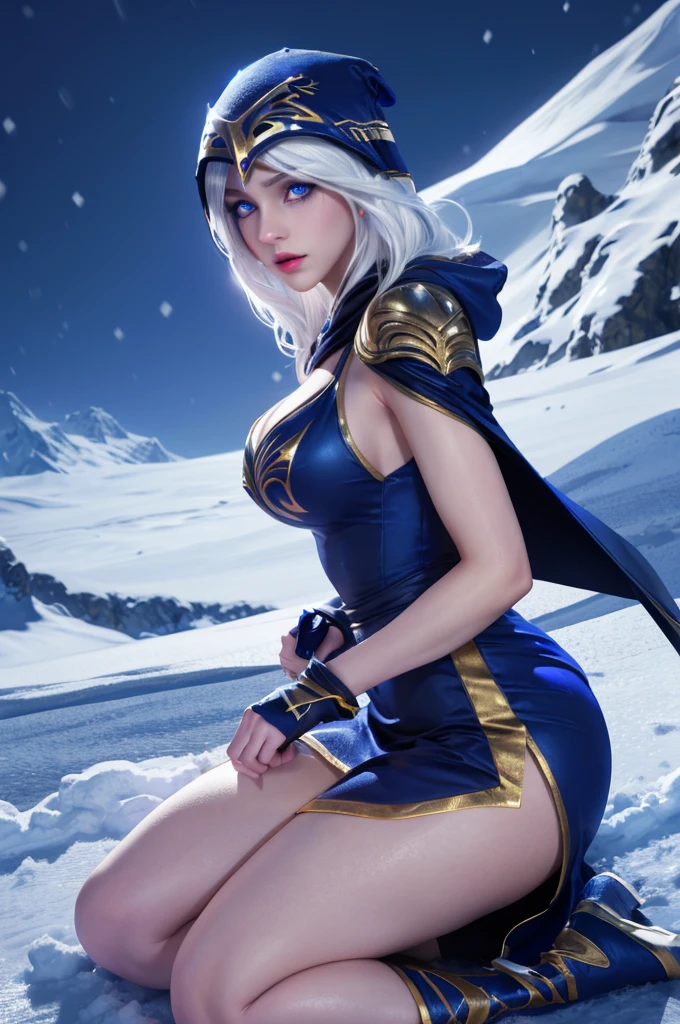 ashe \(league of legends\), (1girl), (solo), (Full body photo), (low angle shot), (masterpiece:1.0), (best quality:1.4), (ultra highres:1.2), (photorealistic:1.4), 8k resolution, absurdres, ultra detailed, sharp focus, (low light: 1.4), photorealistic, Beautiful face with symmetry, Gradient Eyes, Intense crystal light blue eyes, Intense highlighting of the eyes, Slightly bigger eyes, Double eyelids, lipgloss, Full lips, (Perfect Slim Body), big ass, thick thighs, big breasts, (White hair), Blue dress with hood and cape, ((Holding a blue bow)), place with lots of snow and snowy mountains