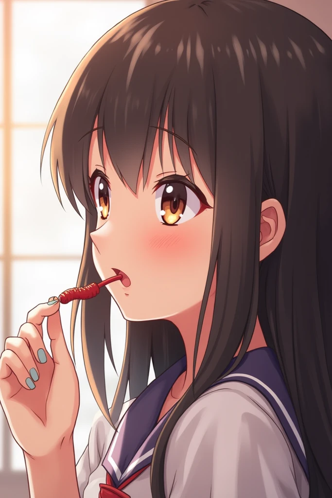person's, (Sagging under the eyes:1.5), Black Hair, Bangs, Long Hair, White shirt, The chest is large, valley, I'm eating sausages, profile, Japanese women
