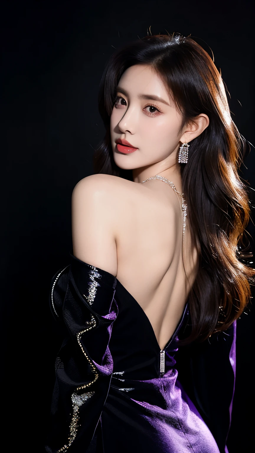Ultra HD resolution,earrings,Long hair,Black background,Purple backless dress,necklace,H Cup,Showing cleavage,Show more breasts,Amazing breast size,nipple,Expose the areola,Breast enlargement,Smooth and beautiful back,Completely bare back,Cool white skin,Big buttocks,Messy hair,Messy hair,Ruddy complexion,sweater