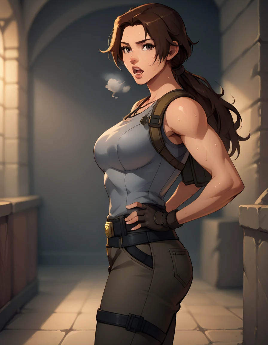 score_9, score_8_up, score_7_up,score_6_up, score_5_up, score_4_up ,
1girl, solo,
large breasts,
LaraDG,
long hair, ponytail, brown hair, brown eyes, 
fingerless gloves, boots, belt, pants, tank top, grey shirt, out of breath, sweaty, hands on hips, open mouth, sexy
looking at viewer, hot, side view
 