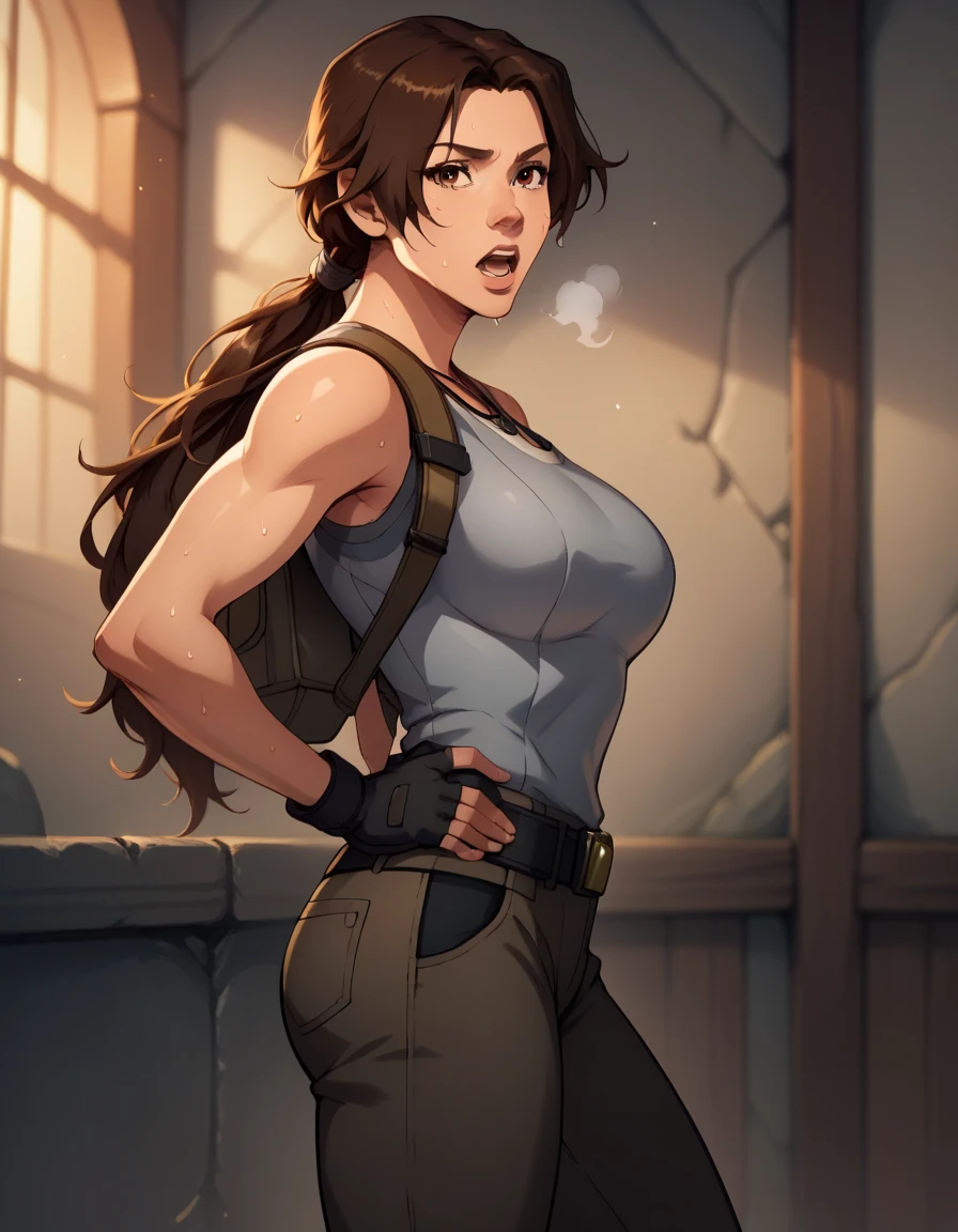 score_9, score_8_up, score_7_up,score_6_up, score_5_up, score_4_up ,
1girl, solo,
large breasts,
LaraDG,
long hair, ponytail, brown hair, brown eyes, 
fingerless gloves, boots, belt, pants, tank top, grey shirt, out of breath, sweaty, hands on hips, open mouth, sexy
looking at viewer, hot, side view
 