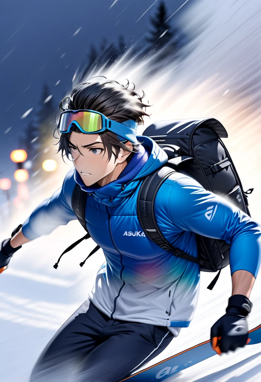 Handsome young man with dark hair "Asuka" , Ski sprint through a severe blizzard , serious face , Goggles, ear warmers and neck warmers  , dark blue-toned snowboard wear with blue pole stock and Uber Eats backpack on the back , Snow powder fog spreading up (( motion blur :3.5 , Fog filter effect:5.5 , Blurred Background))