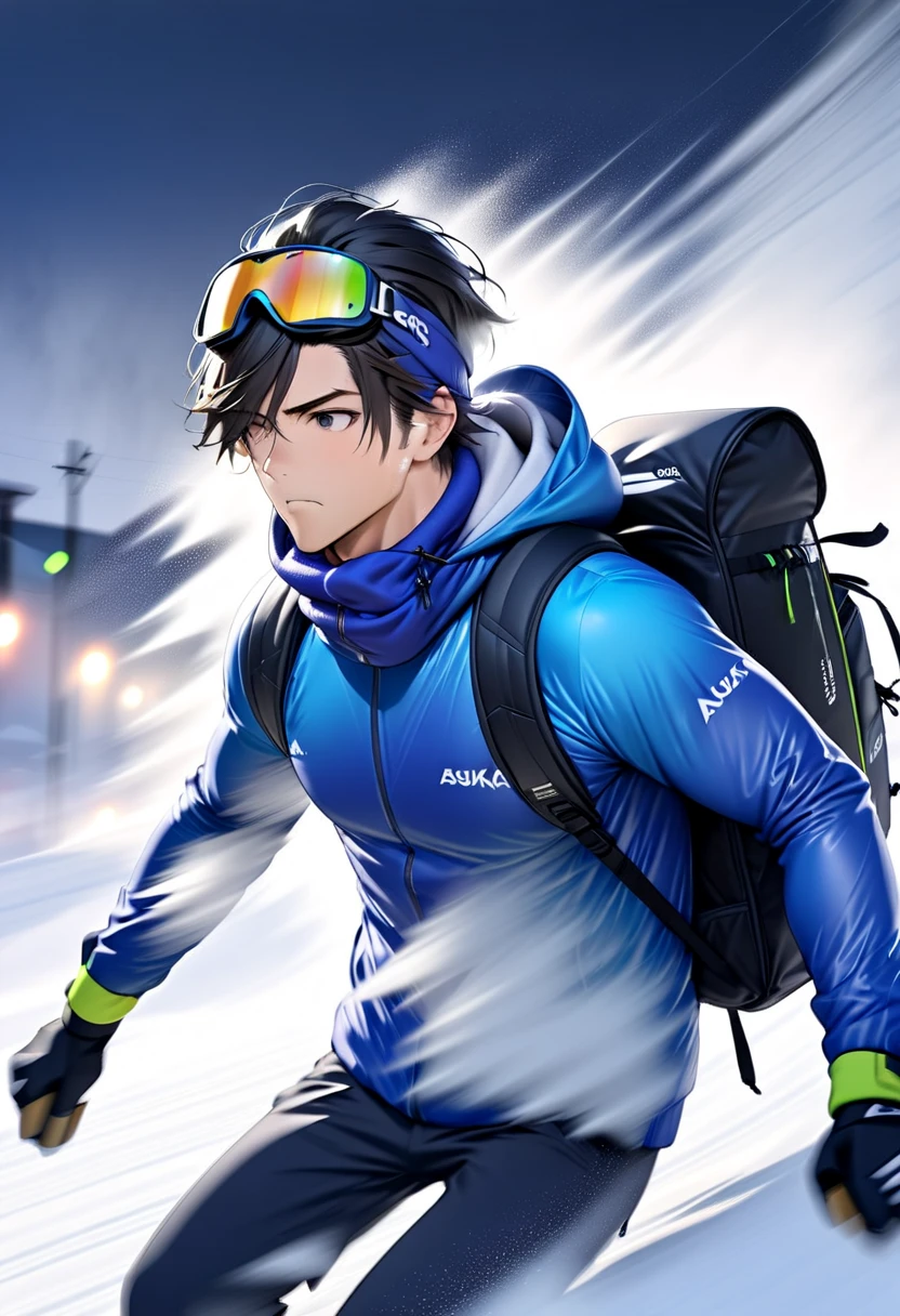 Handsome young man with dark hair "Asuka" , Ski sprint through a severe blizzard , serious face , Goggles, ear warmers and neck warmers  , dark blue-toned snowboard wear with blue pole stock and Uber Eats backpack on the back , Snow powder fog spreading up (( motion blur :3.5 , Fog filter effect:5.5 , Blurred Background))