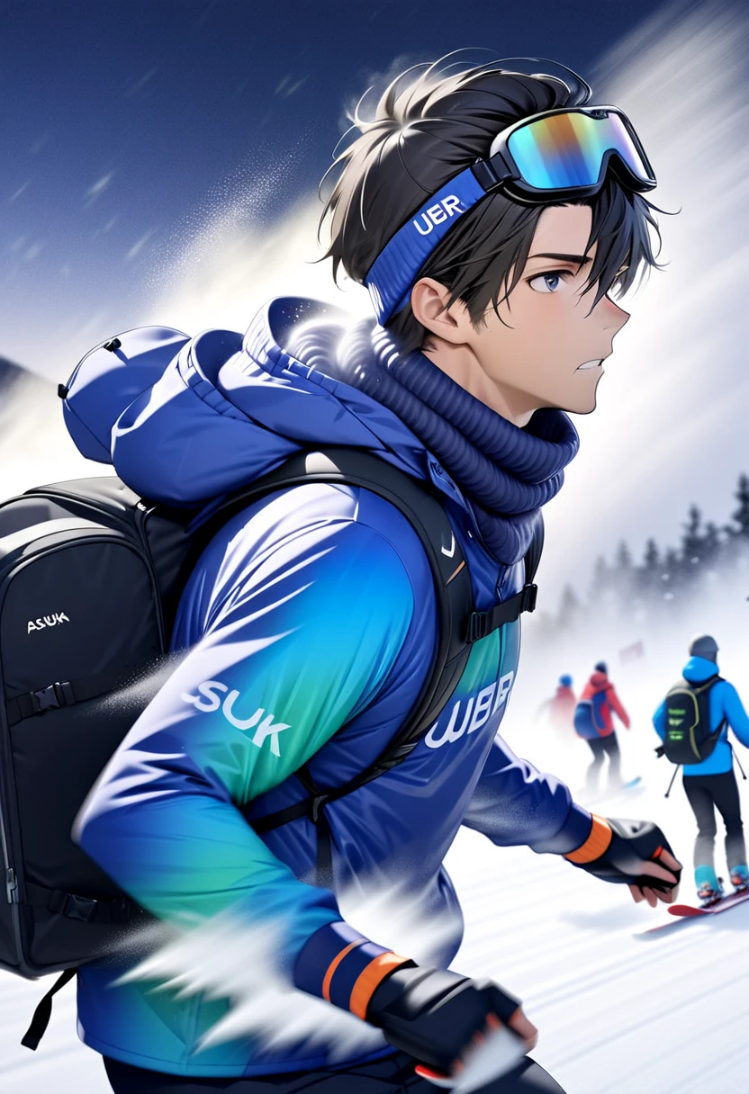 Handsome young man with dark hair "Asuka" , Ski sprint through a severe blizzard , serious face , Goggles, ear warmers and neck warmers  , dark blue-toned snowboard wear with blue pole stock and Uber Eats backpack on the back , Snow powder fog spreading up (( motion blur :3.5 , Fog filter effect:5.5 , Blurred Background))