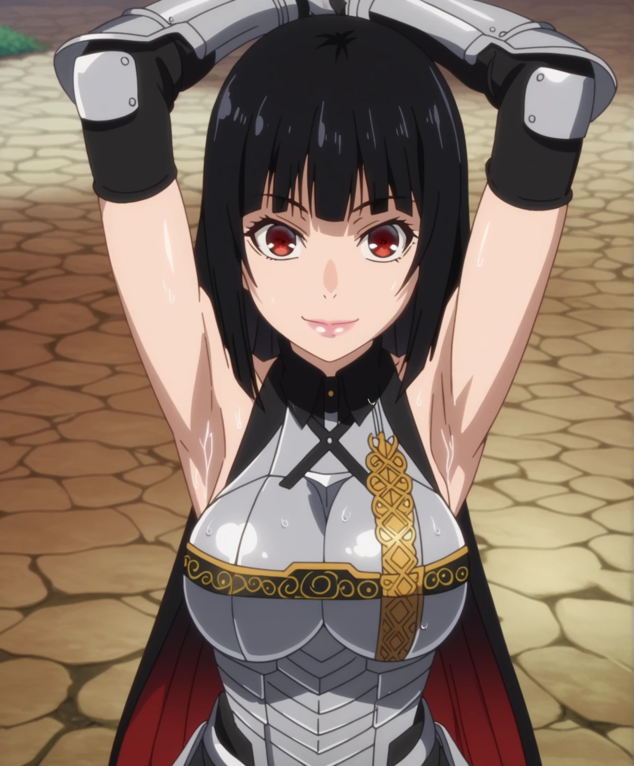 score_9, score_8_up, score_7_up, source_anime, anime screencap, 1girl, solo, jabami yumeko, red eyes, black hair, long hair, large breasts, cleavage, armor, breastplate, gauntlets, armored_dress, sleeveless, arms up, raised arms, armpits, looking at viewer, smile, closed mouth, outdoors, forest, from above, badhandv4, sweaty armpits