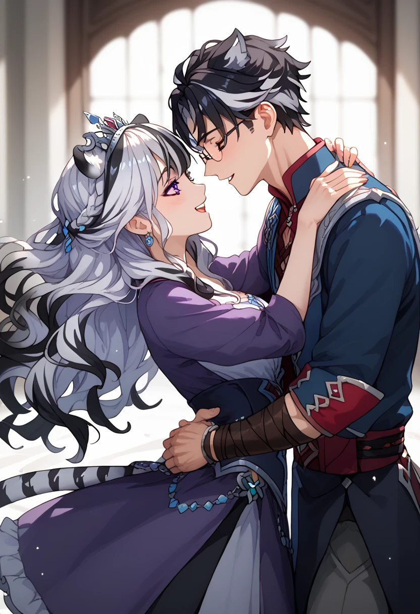 ((masterpiece)), 1boy, 1girl, long hair, white tiger ears, white tiger tail, purple eyes, white hair, black hair, multicolored hair, boy wearing glasses, happy couple,  boy with messy hair, purple clothes, black clothes, multicolored clothes, dancing, romantic atmosphere, medieval clothes, queen and king, girl dominating, wedding ceremony, boy with long hair, open eyes.