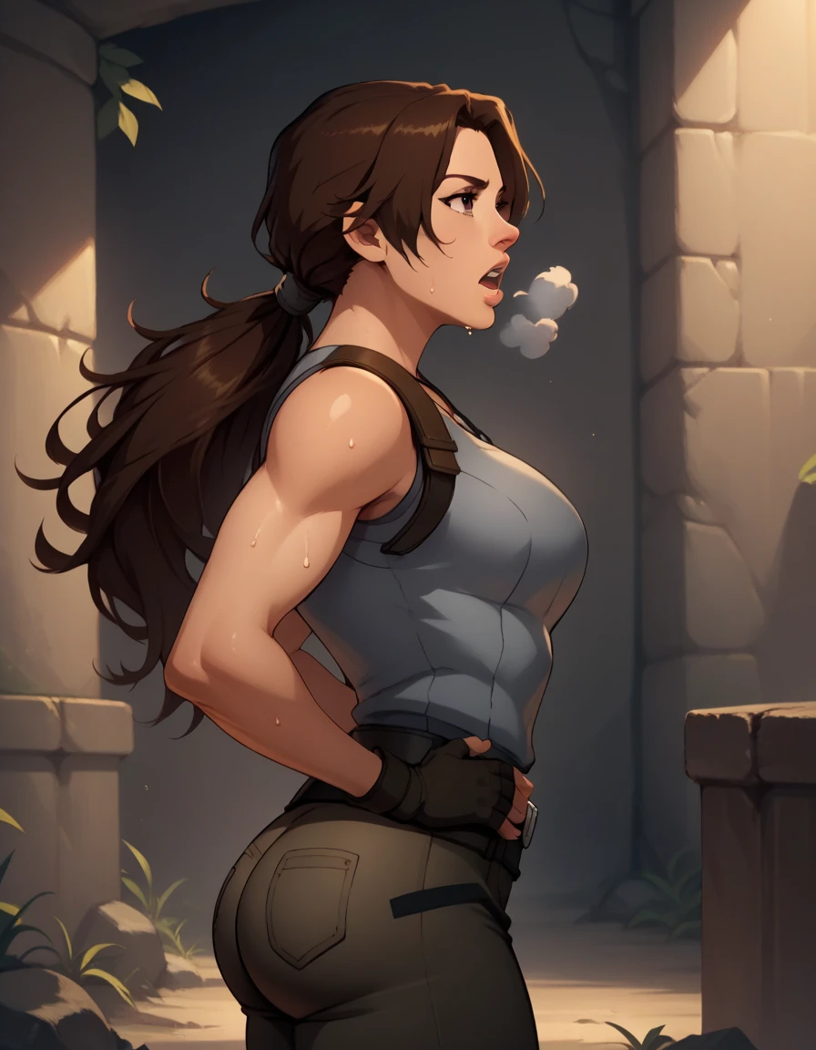 score_9, score_8_up, score_7_up,score_6_up, score_5_up, score_4_up ,
1girl, solo,
large breasts,
LaraDG,
long hair, ponytail, brown hair, brown eyes, 
fingerless gloves, boots, belt, pants, tank top, grey shirt, out of breath, sweaty, hands on hips, open mouth, sexy
looking forward, hot, side view, bubble butt, big ass, sexy ass
 