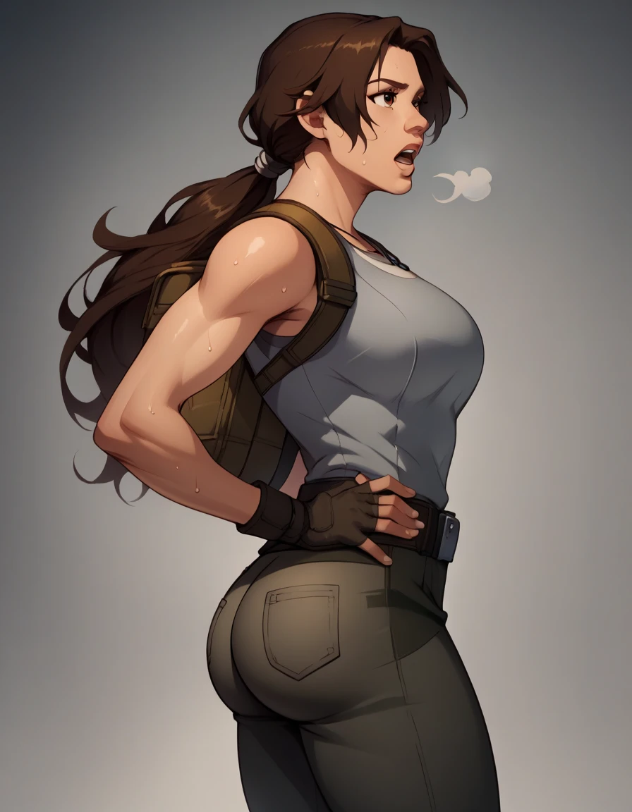 score_9, score_8_up, score_7_up,score_6_up, score_5_up, score_4_up ,
1girl, solo,
large breasts,
LaraDG,
long hair, ponytail, brown hair, brown eyes, 
fingerless gloves, boots, belt, pants, tank top, grey shirt, out of breath, sweaty, hands on hips, open mouth, sexy
looking forward, hot, side view, bubble butt, big ass, sexy ass
 