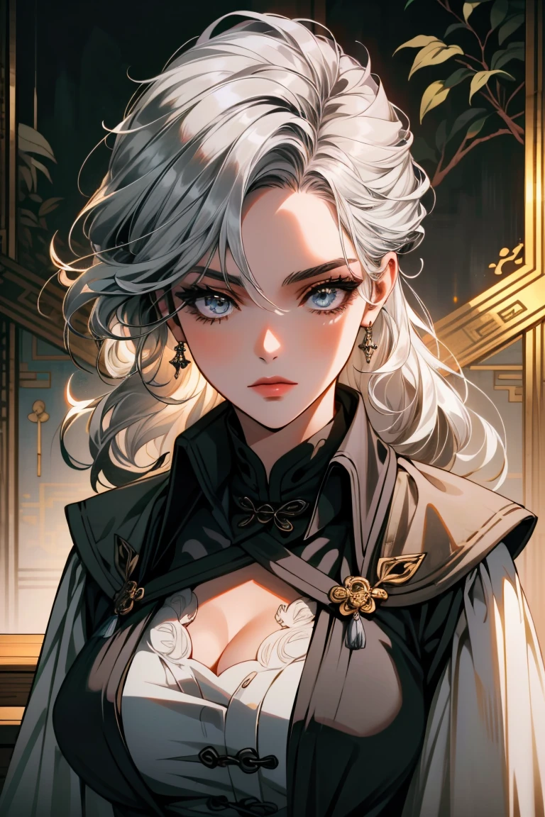 an older woman, detailed background, every detail is rendered in superb detail, perfect composition, masterpiece, best quality, 8k, ultra-detailed, anime, correct anatomy, silver white hair, wavy hair, silver eyes, modern dress, detailed face, correct eye anatomy, silver eyebrows , Chinese cultivation, cultivation clothes, big breasts