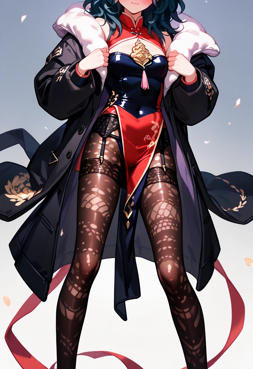 standing, ((( Fluttering loincloth , garter belt,tights,leotard,Chinese dress, ,baggy Down jacket ,in the privateroom,shy,enjoy))) ,Extremely loving sexual acts based on pure love ,happy,very satisfied,ecstasy , Byleth Eisner, (((black_hair)))