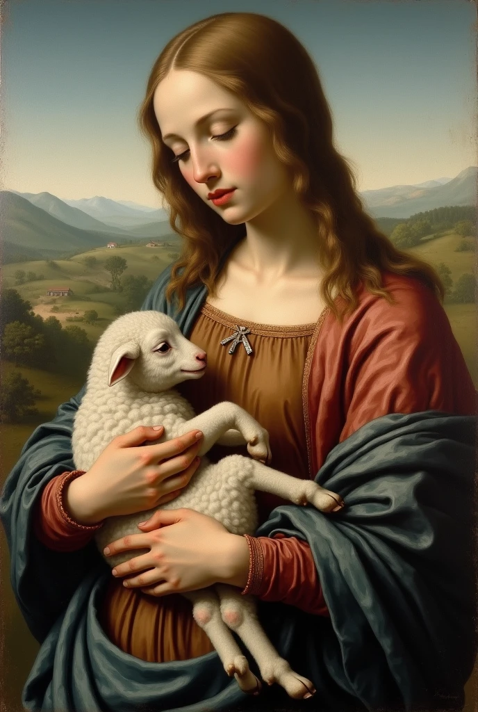 Madonna with child and lamb in her arms, (An exquisite masterpiece in the style of William-Adolphe Bouguereau), full-shot, (masterful skill in capturing the human form), beautiful, (graceful poses and flowing fabrics), stunning composition,(sublime use of light and shadow),(a timeless beauty that transcends time), (classic artwork that deserves to be celebrated).