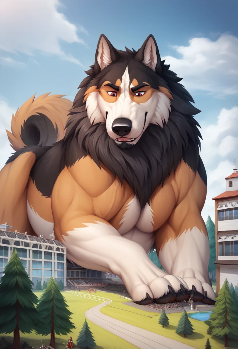 Scribble source_furry, rating_explicit, oseronstyle, 1man, detailed, solo, alone, dragon, feral, gentle and frindly, sadness, feral Alaskan malamute dog face,humanity(Alaskan malamute dog),chubby and muscular, strong muscle( black eyebrows :1.1),(perfect eyes), （artist:takemoto arashi)，paw， Black beard :1.3）， (Massiv:3.0, ( heavyweight ,strong,Macro, Emphasize the large size of a building)), background ((medieval Forest, the crack in the street)), a human man Transformation in to a macro size Giant hyper muscular feral Alaskan malamute, gives a dangerous look, lying on floor, rating_safe, solo, close up, growth, very cramped, frindly and helpful look, motion lines, cool powerful and strong,