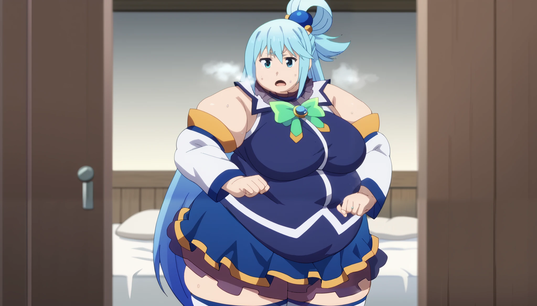 (obra maestra, mejor calidad, high resolution, absurdos), 1 chica, agua \(konosuba\), Gran panza, arte de kipteitei, fondo sencillo, Fondo blanco, :(, avergonzado, cuerpo humeante, boca ondulada, pezones cubiertos