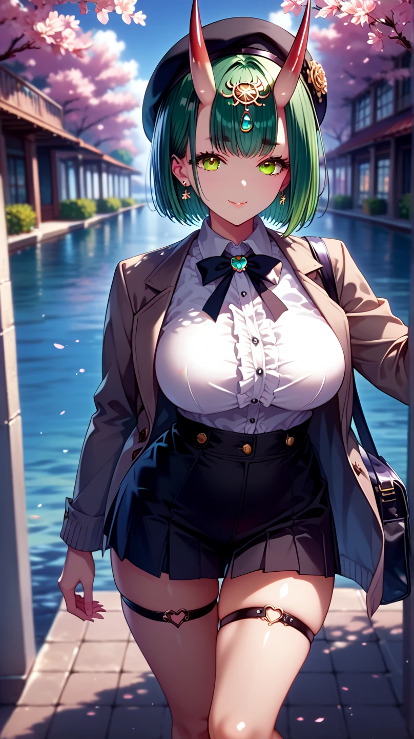 score_9,score_8_up,score_7_up, masterpiece, 1girl, solo, source_anime, scenery, (mature woman:1.3), (wide thighs), (wide hips), (detailed eyes, high definition eyes,high gradient eyes,eyesHD), (best quality:1.4), a close up of a woman with colorful hair, anime girl with cosmic hair, rossdraws pastel vibrant, artwork in the style of guweiz, fantasy art style, colorful, vibrant fantasy style, cosmic and colorful, guweiz, colorfull digital fantasy art, stunning art style, beautiful anime style, shiny, shiny skin, (beautiful female), (mature woman:1.3),beautiful face, clear face, Shiny hair, (green hair), (short hair), (bobcut), (brown eyes:1.2), concept art, professional anime, (big breasts:0.8), sidelocks, ahoge, (shuten_douji), short hair, oni horns, pointy ears, headpiece, view from above, towa_casual, jirai kei, frilled shirt, high-waist skirt, grey cardigan, beret, thigh strap, thigh tattoo, ear piercing