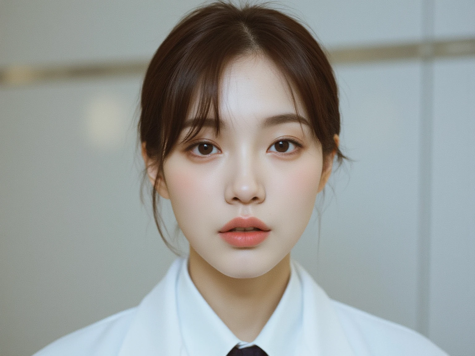 Close-up of a woman in a white coat looking at the camera, Young and adorable Korean face, Young and pretty Asian face, Korean Girls, south east asian Round face, Popular Korean makeup, Jaeyoung Nam, Beautiful aesthetic face, One adorable Korean face, Korean facial features, Round face, Popular Korean makeup, Ulzzang, Beautiful and delicate face