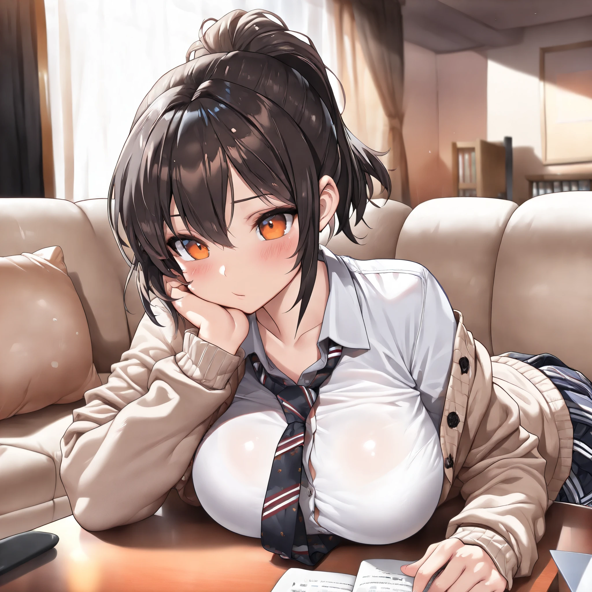 cute girl, solo, school uniform, short hair, ponytail hair, orange eyes, large breasts, necktie, cardigan, blush, flawless smooth skin, indoors, living, table, sofa, (best quality,4k,8k,highres,masterpiece:1.2),ultra-detailed,intricate details, high fashion, dramatic lighting, warm colors, chiaroscuro