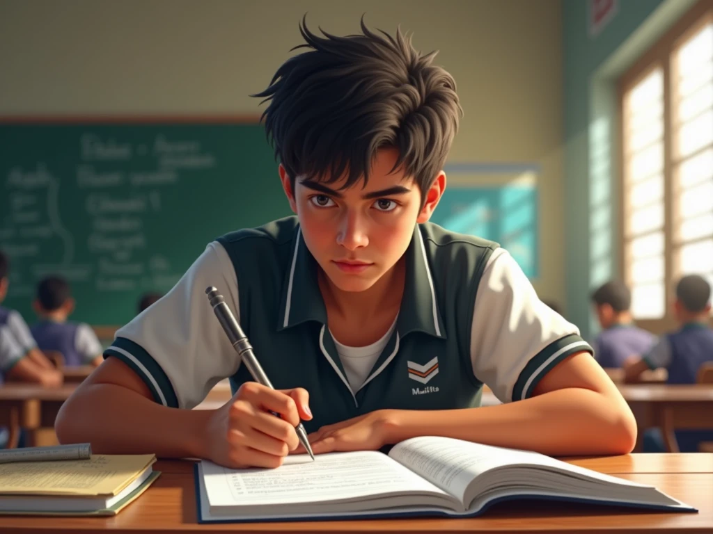 Peruvian teenager taking an exam at his school