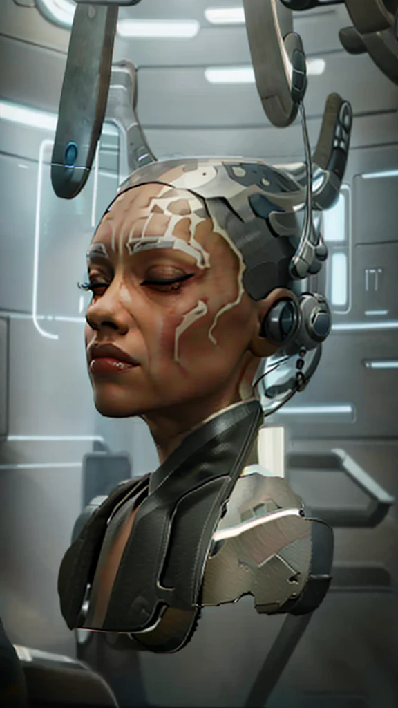 Ahsoka, sleeping, being transformed into a droid, wires hook on her body and head, blank look, inside a stasis chamber pod
