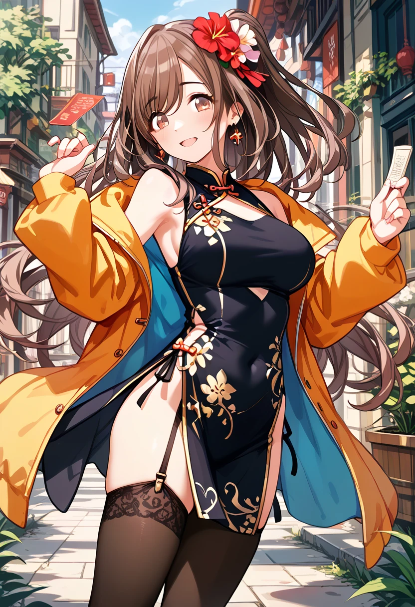 standing, (((waist side slit, Fluttering loincloth , garter belt,tights,highleg_leotard,Chinese dress, ,baggy Down jacket ,in the privateroom,shy,enjoy))) ,Extremely loving sexual acts based on pure love ,happy,very satisfied,ecstasy ,Tsukioka Kogane, (((brown_hair)))