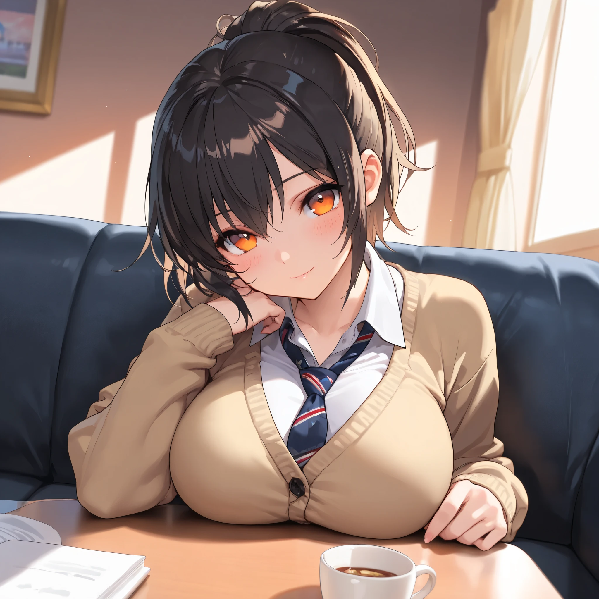 cute girl, solo, school uniform, short hair, ponytail hair, Black hair with brown ends, orange eyes, large breasts, necktie, cross pierce, cardigan, blush, flawless smooth skin, looking at viewer, light smile, head tilt, indoors, living, table, sofa, (best quality,4k,8k,highres,masterpiece:1.2),ultra-detailed,intricate details, high fashion, dramatic lighting, warm colors, chiaroscuro