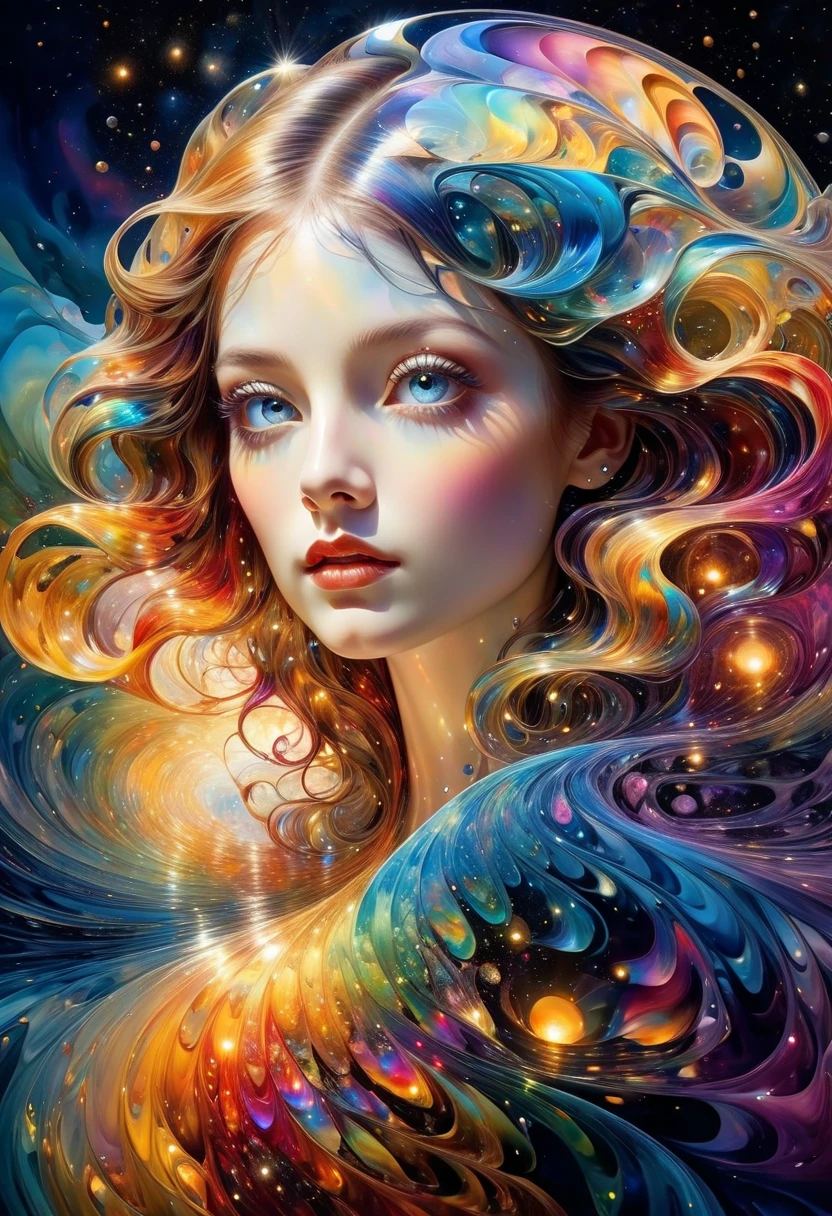 Against an illuminated background, colored in rainbow colors and blurred by a sparkling aura of magic and grace, a beautiful girl, 23 years old, long, light, curly and flowing hair, perfect and detailed face, clear and penetrating eyes, earrings and intricate choker, delicate and gentle flower. hair. This digital painting captures her ethereal beauty in exquisite detail, from the delicate swirls of her movements, to her long gown of shimmering, iridescent mystical silk, embroidered with intricate, detailed gold threads. Vibrant colors and complex textures bring the mystical figure to life, beckoning viewers into a world of enchantment and wonder. in HD.